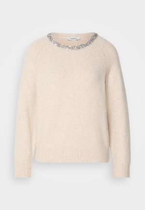 Light beige sweater with a round neckline, embellished silver beaded collar, ribbed cuffs, and hem, made from soft, textured fabric.