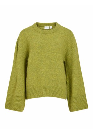Femme aux longs cheveux bruns portant un pull vert oversize, un pantalon noir et des ballerines noires, debout devant un fond uni clair.