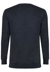 Mørkeblå langærmet sweatshirt med rund halsudskæring, ribbede manchetter og kant. Stoffet ser blødt ud med en subtil struktur og minimal detaljering.