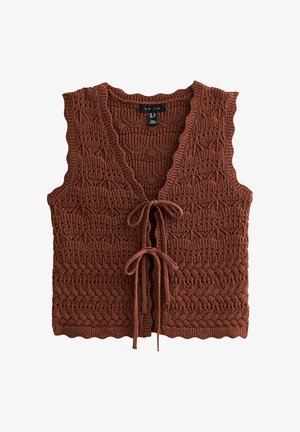 Chaleco marrón de punto sin mangas con patrones intrincados y dos cierres con lazos delanteros.