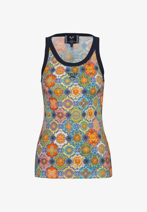 Ärmelloses Tanktop mit rundem Ausschnitt, versehen mit bunten geometrischen und floralen Fliesenmustern in Orange-, Blau-, Grün- und Gelbtönen.