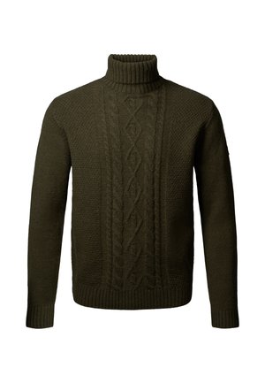 Dark green knitted sweater with a high ribbed collar, featuring cable knit patterns on the front and ribbed cuffs and hem.