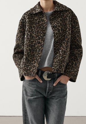 Person wearing a brown leopard print jacket over a gray crop top, high-waisted gray jeans, and a black belt with a large round buckle.