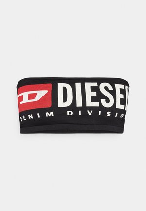 Haut bandeau noir sans bretelles avec un logo "DIESEL" en blanc et rouge et le texte "DENIM DIVISION" sur la bande. Tissu lisse et extensible.