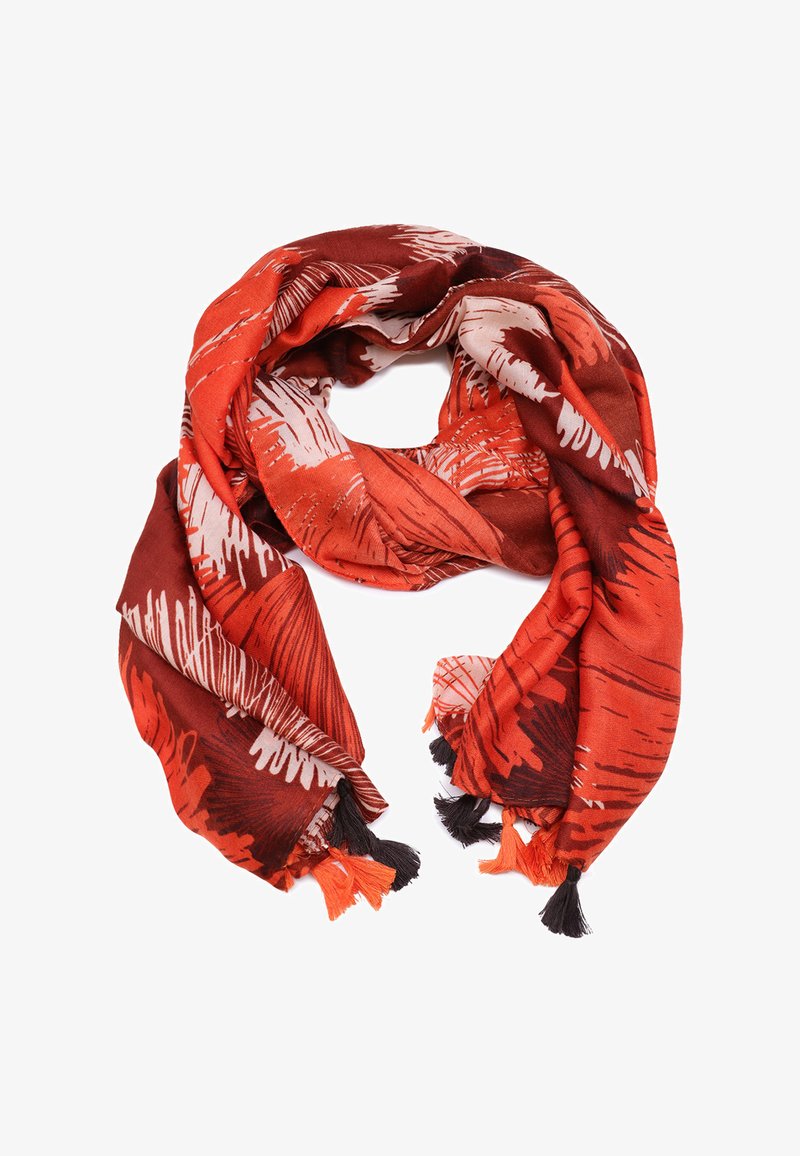 Sciarpa floreale rossa e marrone, in tessuto leggero, con frange nere e arancioni alle estremità, con una superficie morbida e testurizzata.