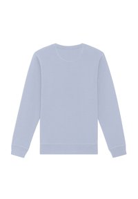 Helles blaues Sweatshirt mit langen Ärmeln, rundem Ausschnitt und gerippten Bündchen und Saum. Glatte Stoffoberfläche, keine sichtbaren Logos oder Muster.