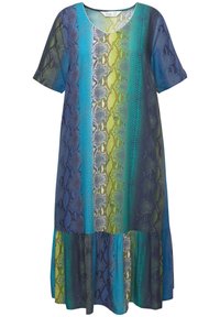 Kurzes ärmelloses Kleid in blau, grün und grau mit Schlangenprint. Verfügt über einen V-Ausschnitt und einen gestuften Rüschensaum. Leichter, glatter Stoff.