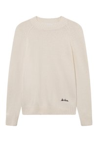 Krämfärgad tröja med ribbad halsringning och nederkant. Mjuk textur, långa ärmar, med svart broderi "les deux" på övre vänstra framsidan.