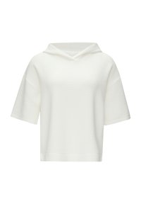 Haut à capuche blanc à manches courtes fabriqué en tissu texturé avec un motif en relief, présentant un col en V et un design décontracté.