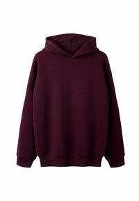 Bordeauxfarbener Kapuzenpullover aus weichem Stoff, mit lockerem Schnitt, abfallenden Schultern und gerippten Bündchen sowie Saum.