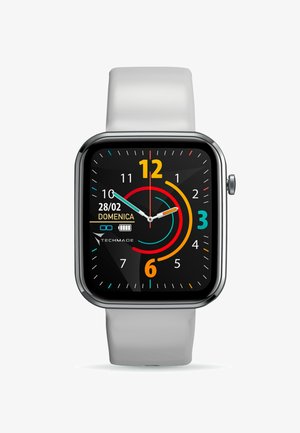 Orologio smart quadrato con display nero, cinturini bianchi, indicatori delle ore colorati e display digitale della data. Presenta dettagli metallici.