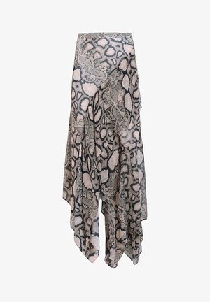 Asymmetrical wrap skirt in a reptile print. Fabric features shades of gray, cream, and black with a flowing, textured design and layered detailing.