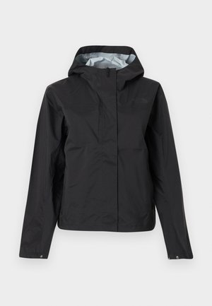 Veste noire imperméable à capuche avec fermeture éclair frontale et poignets à boutons-pression, conçue pour une protection en extérieur.