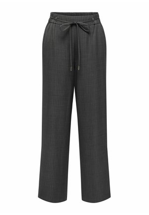Pantalon large gris foncé à fines rayures avec une taille élastique et un cordon noué à l'avant.
