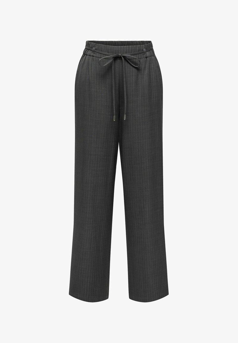 Pantalon large gris foncé à fines rayures avec une taille élastique et un cordon noué à l'avant.