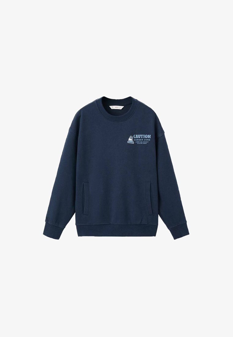 Navy blue crewneck sweatshirt with front pockets and small light blue caution sign graphic and text on left chest.