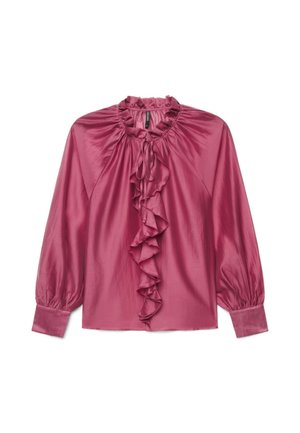 Blouse rose brillante à manches longues avec volant à l'avant, col haut froncé, manches amples et larges poignets.