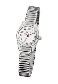 Montre en acier inoxydable argenté avec un cadran blanc, des index horaires noirs et une aiguille des secondes rouge. Elle possède un bracelet en métal flexible et un design de boîtier angulaire.