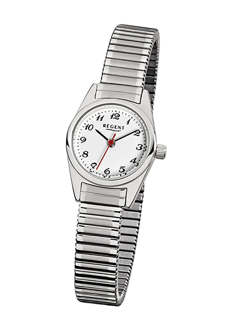 Montre en acier inoxydable argenté avec un cadran blanc, des index horaires noirs et une aiguille des secondes rouge. Elle possède un bracelet en métal flexible et un design de boîtier angulaire.