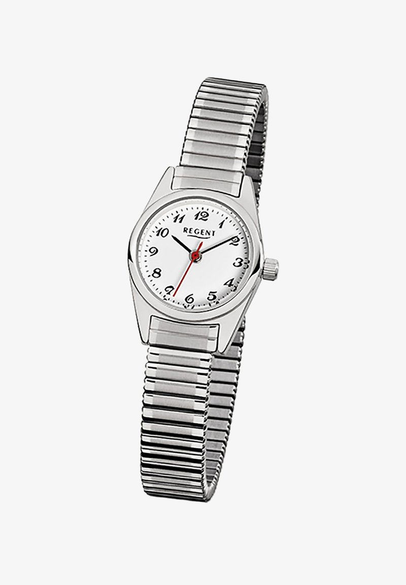 Montre en acier inoxydable argenté avec un cadran blanc, des index horaires noirs et une aiguille des secondes rouge. Elle possède un bracelet en métal flexible et un design de boîtier angulaire.