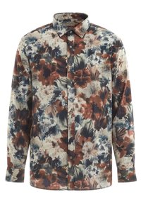 Chemise à manches longues à boutons avec un motif floral dans des nuances de marron, bleu et crème ; fabriquée en tissu lisse avec un col classique.