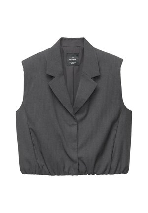 Grauer ärmelloser Blazer mit Reverskragen, gerafftem Saum und vertikalem Streifenmuster. Hergestellt aus einem strukturierten Gewebe.