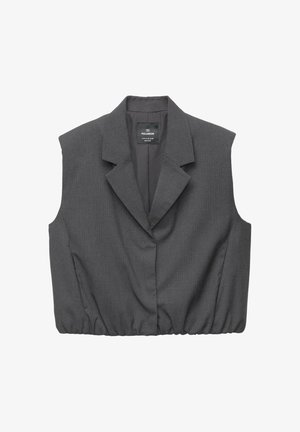 Grijze mouwloze blazer met een geknipt kraagje, geplooide zoom en een verticale streeppatroon. Gemaakt van een gestructureerde geweven stof.