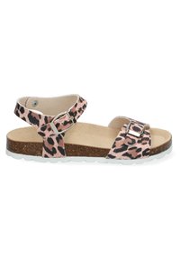 Pink leopard print sandals with adjustable ankle strap, silver buckles, cork footbed, and rubber sole featuring a textured pattern.