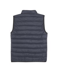 Marineblaue, gesteppte, ärmellose Steppweste mit horizontalen Nähten und Stehkragen, von hinten gezeigt.