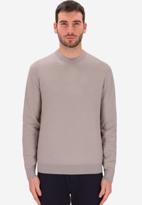 Maglione grigio chiaro a maglia con scollatura rotonda, maniche lunghe e orlo e polsini a coste. Texture liscia, design aderente e stile minimalista.