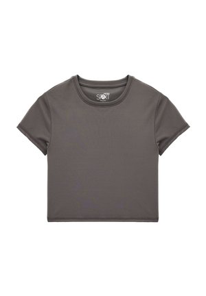 Czarny, krótki t-shirt wykonany z gładkiego materiału. Posiada okrągły dekolt oraz krótkie rękawy z czystymi, szytymi krawędziami.
