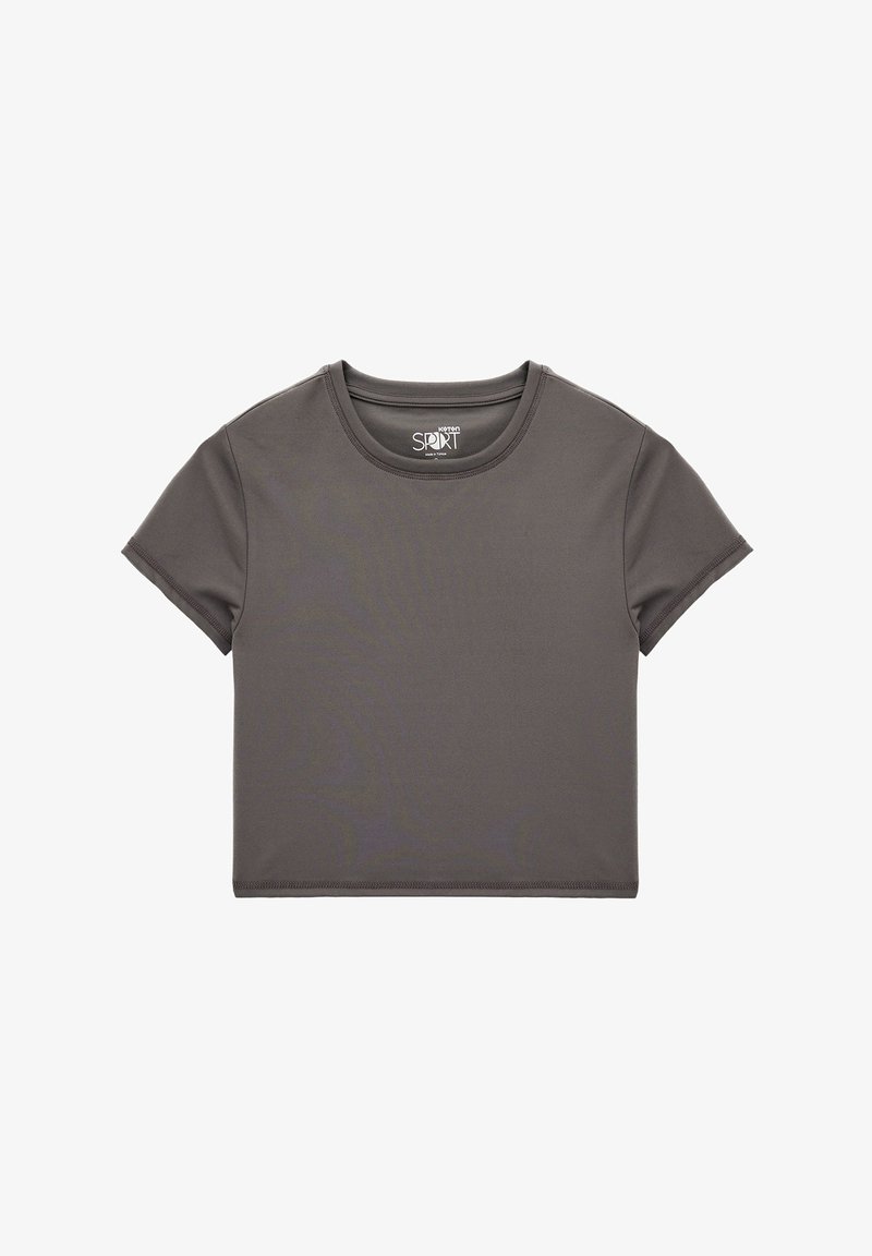 Mørkegrå cropped t-shirt lavet af glat stof. Har en rund halsudskæring og korte ærmer med rene, syede kanter.
