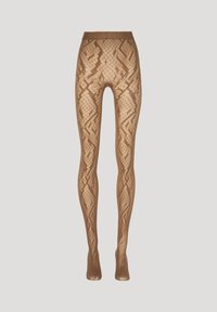 Braune gemusterte Strumpfhosen mit Fischernetz-Design, versehen mit einer strukturierten Oberfläche und einem elastischen Bund für eine bequeme Passform.