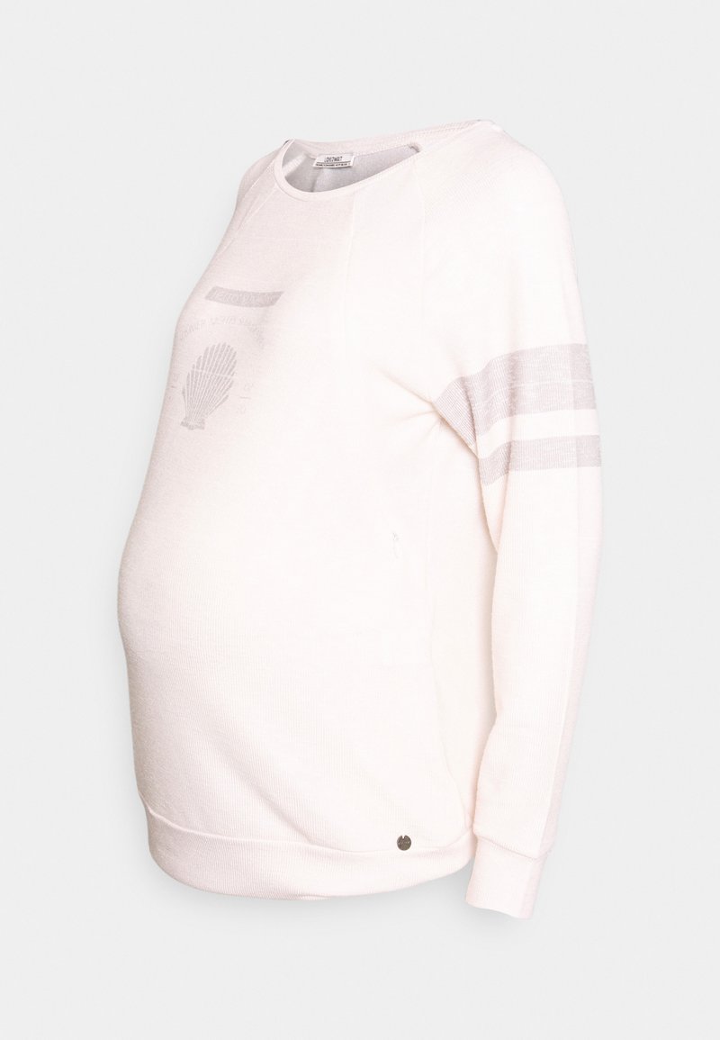 Sweatshirt de maternidade em rosa claro com riscas cinzas. Apresenta um decote em forma de mergulho, mangas longas e um gráfico de concha à frente. Textura de tecido suave.