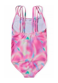 Maillot de bain une pièce tie-dye rose, violet et bleu avec plusieurs fines bretelles qui s'élèvent vers le haut.