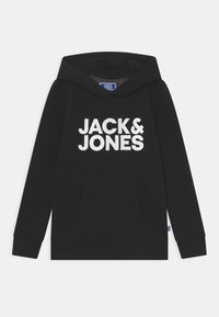 Felpa nera con cappuccio realizzata in misto cotone, dotata di tasca frontale e grande logo bianco "JACK & JONES" sul petto.