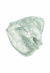 Mintgroene scrunchie van textuurstof met een bloemmotief. Zacht, licht glanzend materiaal, gerimpeld ontwerp voor een veilige grip op het haar.