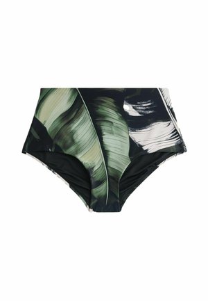Hoch taillierte Bikini-Hosen mit einem schwarzen und grünen Blätterdruck. Hergestellt aus glattem Stoff, mit einem engen Schnitt und genähten Kanten.