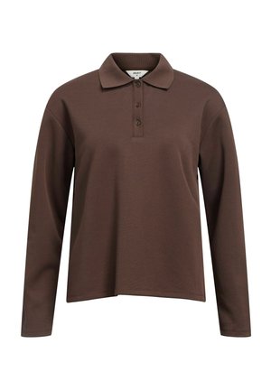 Langsleeve bruine poloshirt gemaakt van zachte stof, met een standaardkraag en een drieknoopsluiting, met een relaxte pasvorm en een schoon ontwerp.