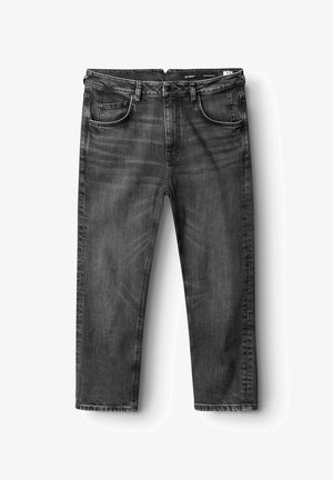 Schwarze Jeans aus Denim mit geradem Schnitt, Fünf-Taschen-Design, ausgebleichtem Look und sichtbaren Nahtdetails entlang der Nähte.
