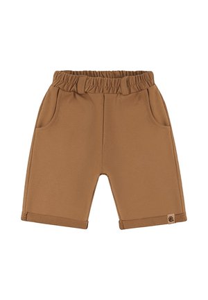 Brązowe szorty z elastycznym paskiem, przednimi kieszeniami, podwiniętymi nogawkami oraz małą wszytą metką z logo na dolnej części lewej nogawki.