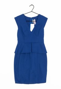 Modrá peplum šaty s hlubokým výstřihem do V, krátkými rukávy a úzkým střihem. Vyrobeno z texturovaného materiálu, s bočním zipem.