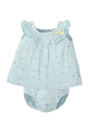 Vestido de bebé azul claro con mangas con volantes, estampado floral y un lazo amarillo contrastante como detalle. Incluye bombacho a juego. Material de algodón.