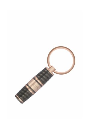 Llavero con agarre negro estriado y detalles en oro rosa, con un anillo redondo de oro rosa y la palabra "FESTINA" grabada en el agarre.