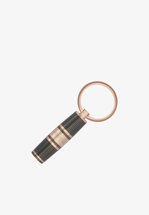 Llavero con agarre negro estriado y detalles en oro rosa, con un anillo redondo de oro rosa y la palabra "FESTINA" grabada en el agarre.