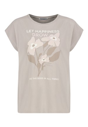 Light beige cotton t-shirt with short sleeves. Features a floral graphic in cream and taupe, with the text: "LET HAPPINESS GROW."