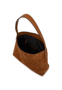 Hnědá semišová kabelka přes rameno s hladkým koženým popruhem, prostorným interiérem, který obsahuje zipovou kapsu, a jemnými prosvětlovacími detaily loga.