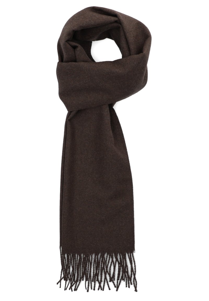Brązowy wełniany szalik o miękkiej teksturze, z frędzlami na końcach i prostym, długim prostokątnym wzorze.