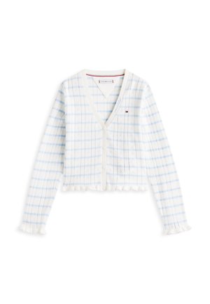 Λευκή ζακέτα με ανοιχτό μπλε μοτίβο σε πλέγμα, V-λαιμόκοψη, κουμπιά μπροστά, μακριά μανίκια, βολάν στα μανσέτα και στο κάτω μέρος, με μικρό λογότυπο Tommy Hilfiger στο στήθος.