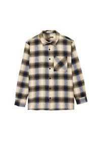 Flannel skjorte i gul, marineblå og hvid ternet mønster. Har en krave med knapper og en brystlomme. Langærmede med knapmanchetter.